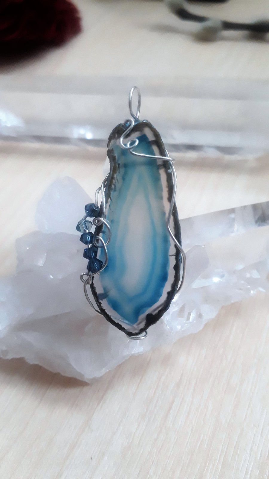 Blue Agate Slice Pendant Wire Wrapped in Sterling Silver with Swarovski Crystal