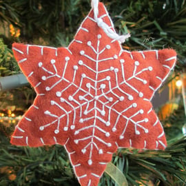 Hand Embroidered Felt 'Gingerbread' Snowflake Tree Decoration - A