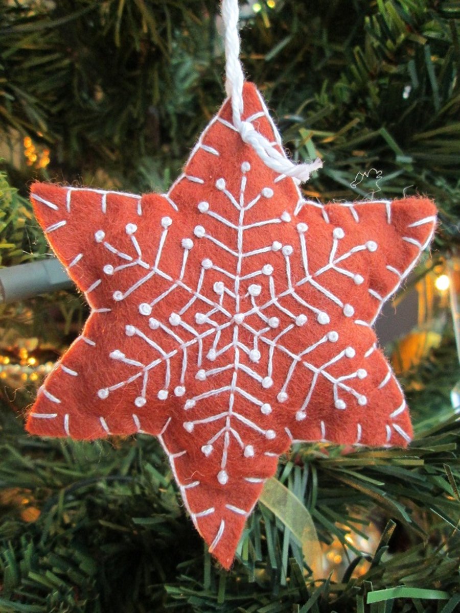 Hand Embroidered Felt 'Gingerbread' Snowflake Tree Decoration - A