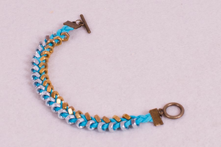 Turquoise Suede and Two Tone Hex Nut Braided Bracelet