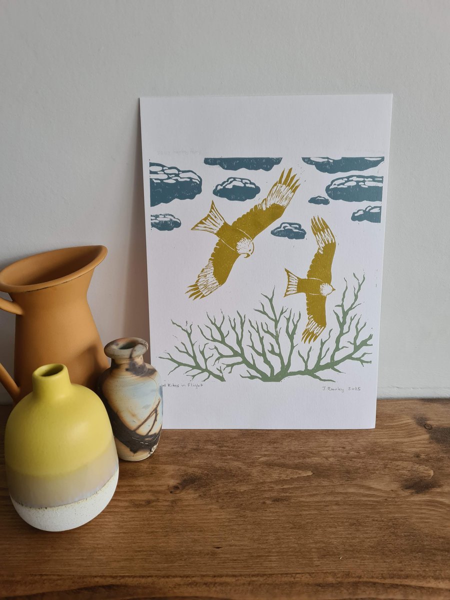 Red Kites original art linoprint handprinted A4 size