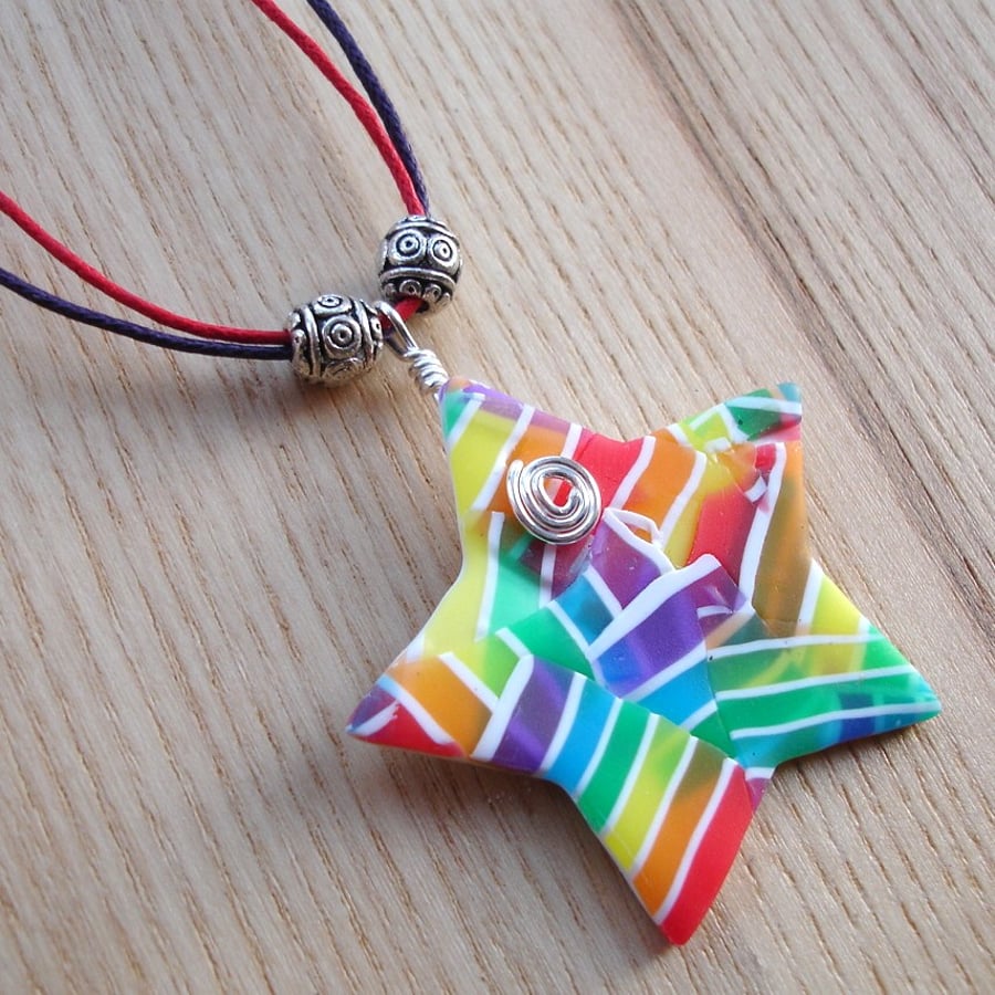 Rainbow Stripe Star FIMO Polymer Clay Pendant - Folksy