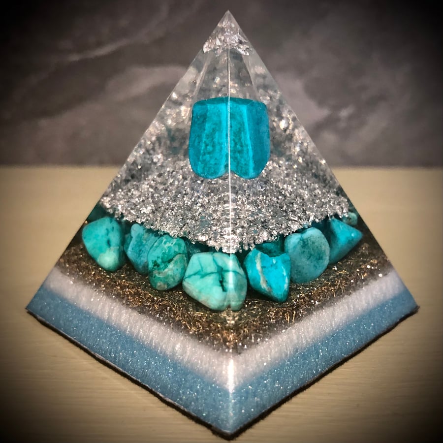 Turquoise Crystal Energy Pyramid with floating Turquoise