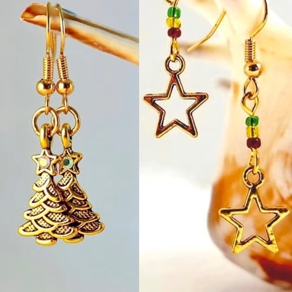 Christmas Earrings 2-Pack, Tree & Star Charm, Stocking Filler, Secret Santa