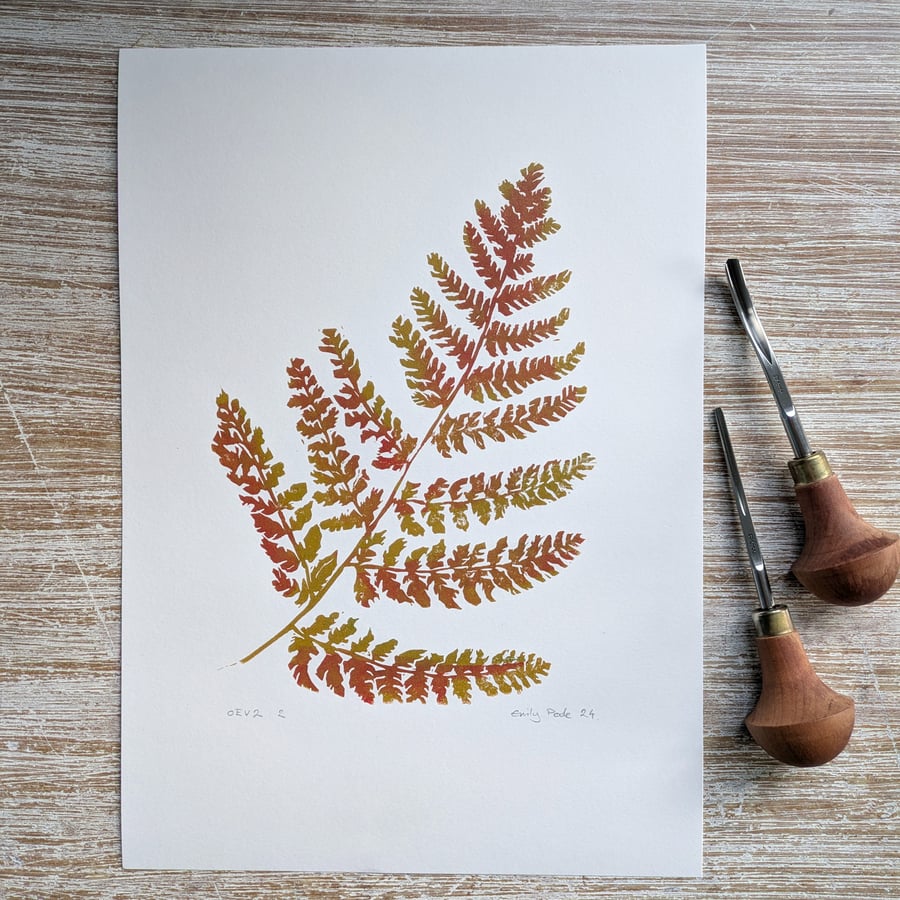 Autumn Red Fern Leaf Linoprint, original botanical print, natural frond art