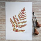 Autumn Red Fern Leaf Linoprint, original botanical print, natural frond art
