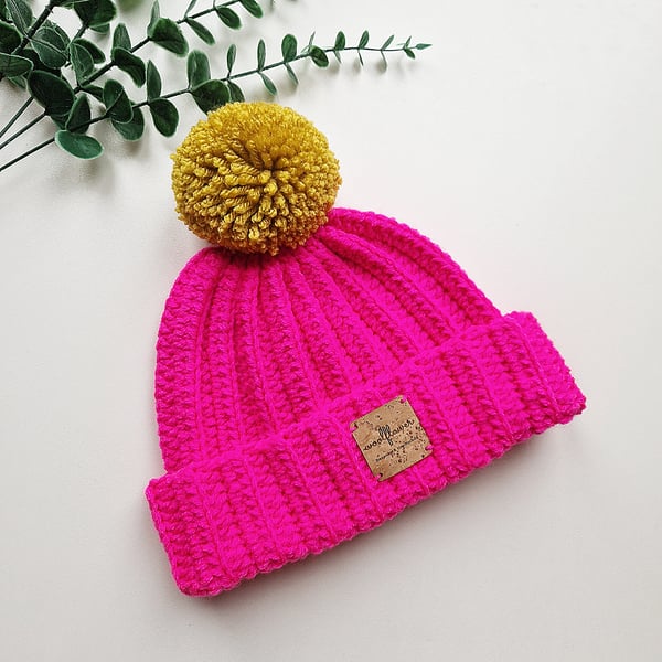 Bright Pink Chunky Beanie Style Crochet Winter Hat