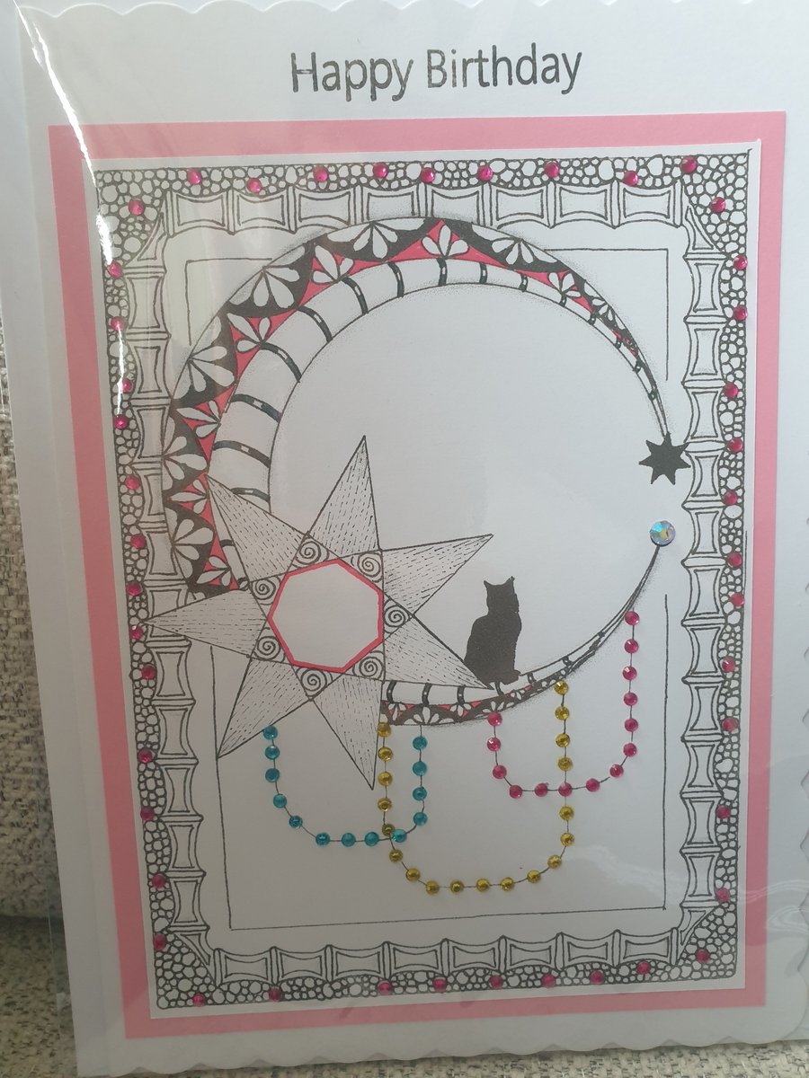 Hand drawn moon and cat card