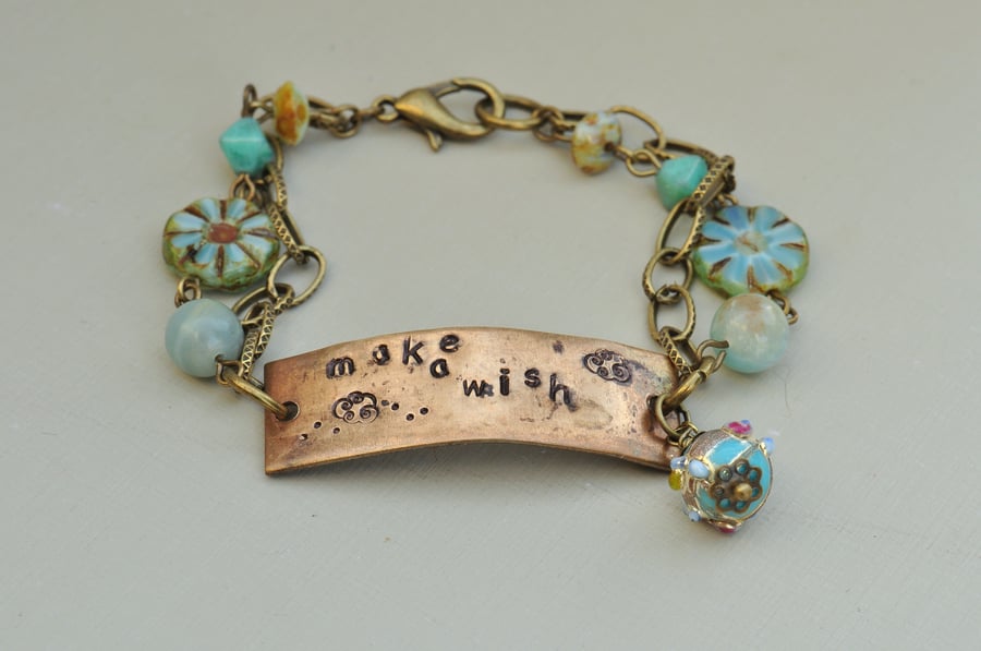 Make a Wish Vintaj Handstamped Metal and Bead Bracelet