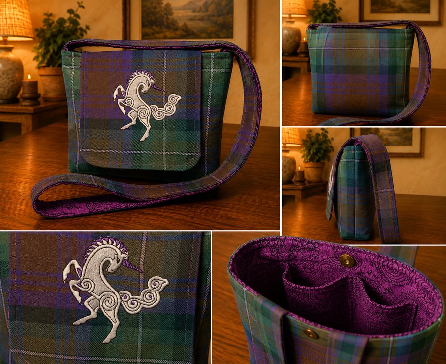 Isle of Skye tartan crossbody bag with unicorn