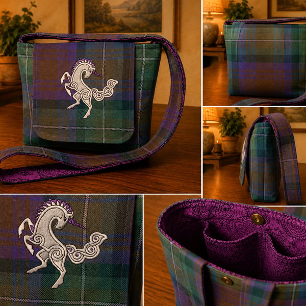 Isle of Skye tartan crossbody bag with unicorn