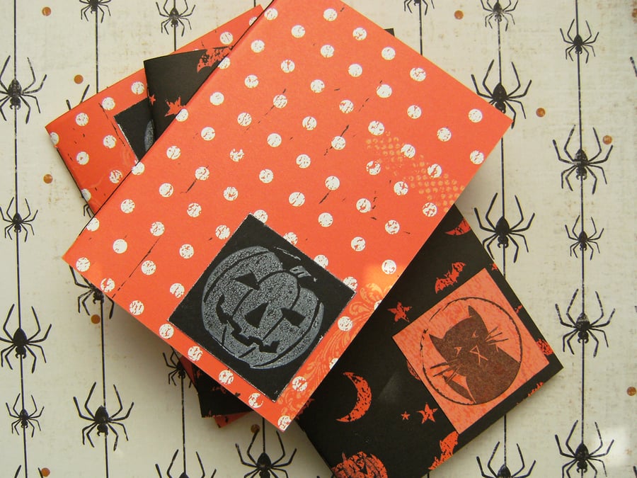 Halloween Notebooks with Hand Printed Cat and Pumpkin Linocuts, Black & Orange 