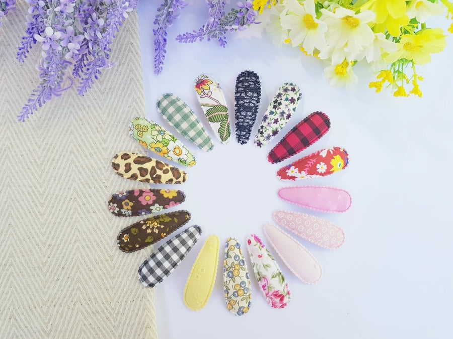 10 Pcs 20mm x 55mm Snap Hair Clips Cotton Printed Hair Fringe Clips 