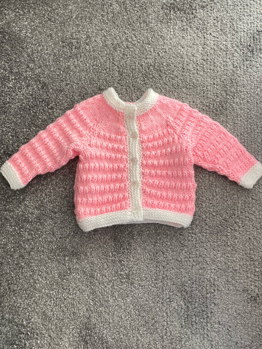 Handknitted Pink and White Baby Cardigan