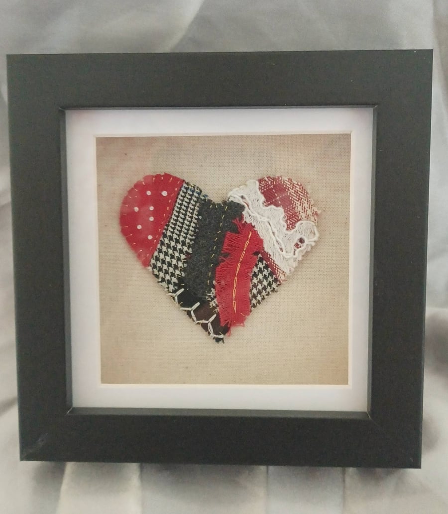 Red and Black Patchwork Heart on a Black Box Frame