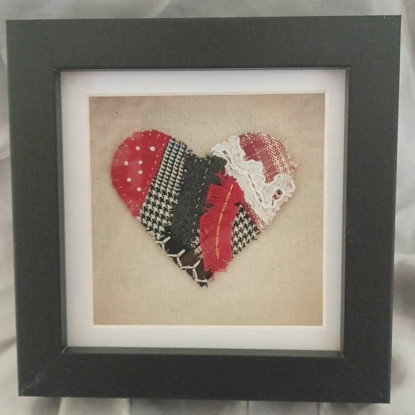 Red and Black Patchwork Heart on a Black Box Frame