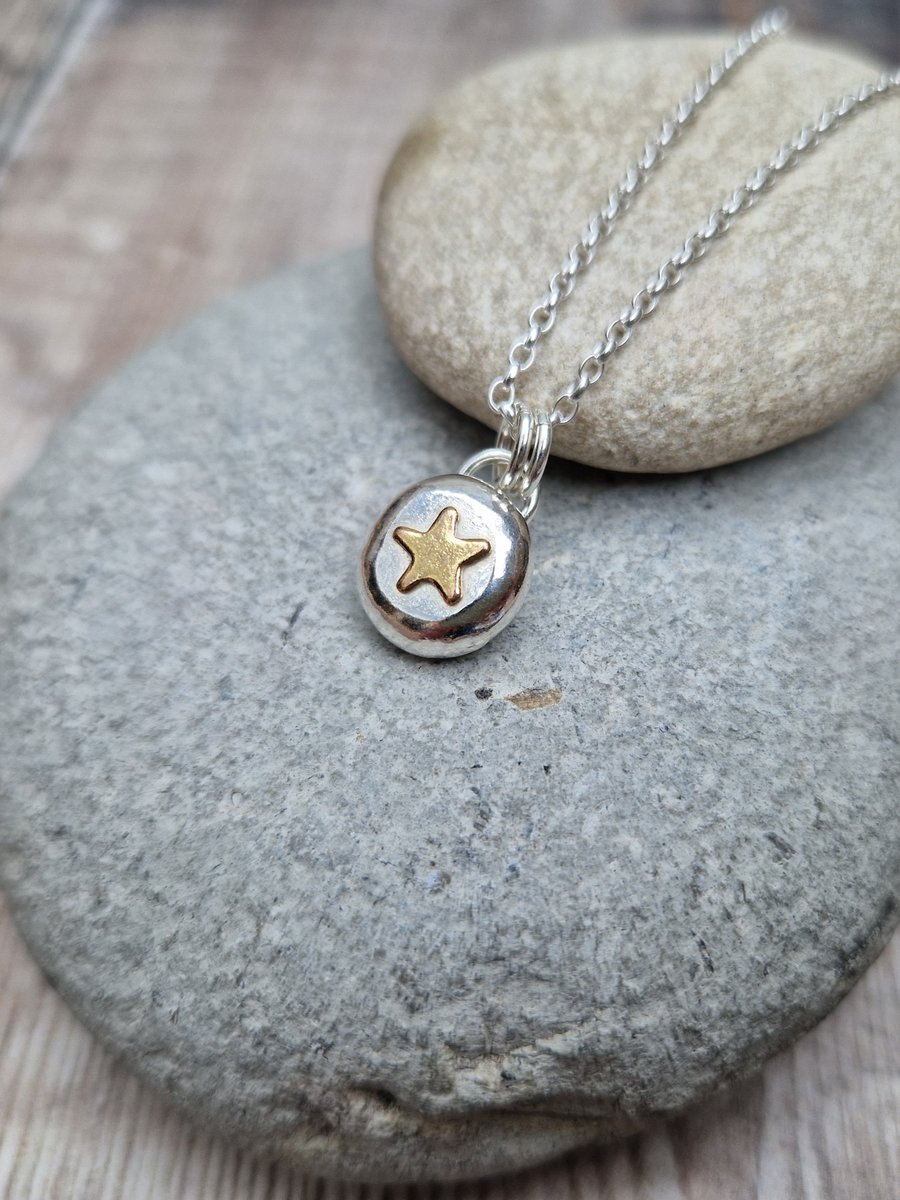 Sterling Silver Pebble Necklace Pendant with Gold Star