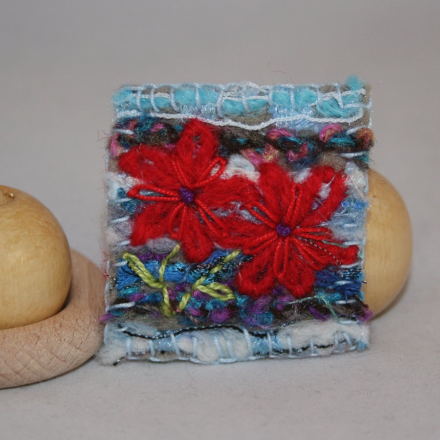 Embroidered Brooch - Red Flowers