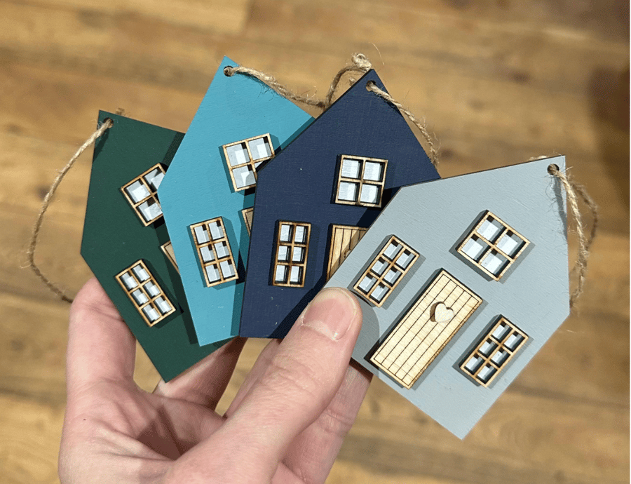 Blue Green Grey Wooden Hanging Scandinavian Cottage House Ornament Plain