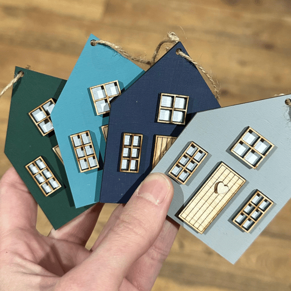 Blue Green Grey Wooden Hanging Scandinavian Cottage House Ornament Plain