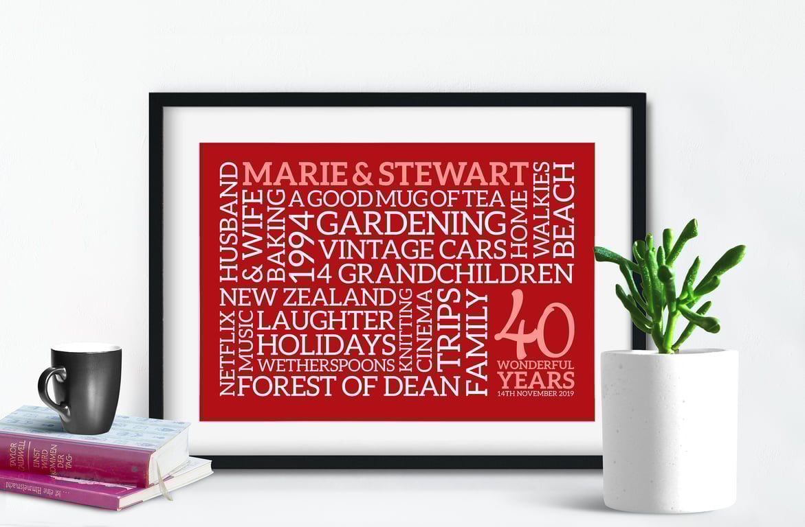 Personalised Ruby Anniversary Word Art - 40 Years - AN404