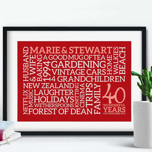 Personalised Ruby Anniversary Word Art - 40 Years - AN404