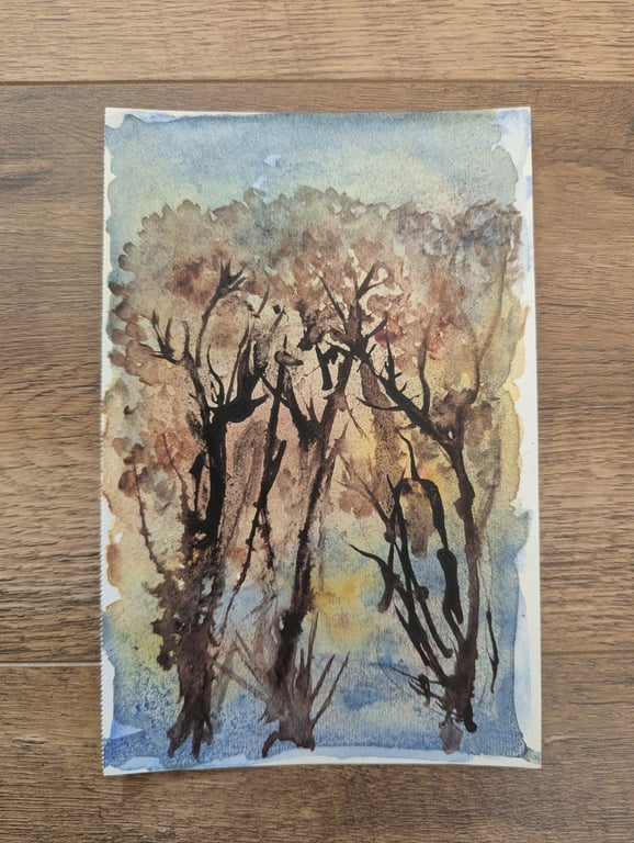 Abstract original watercolour painting Tree Landscape  A5