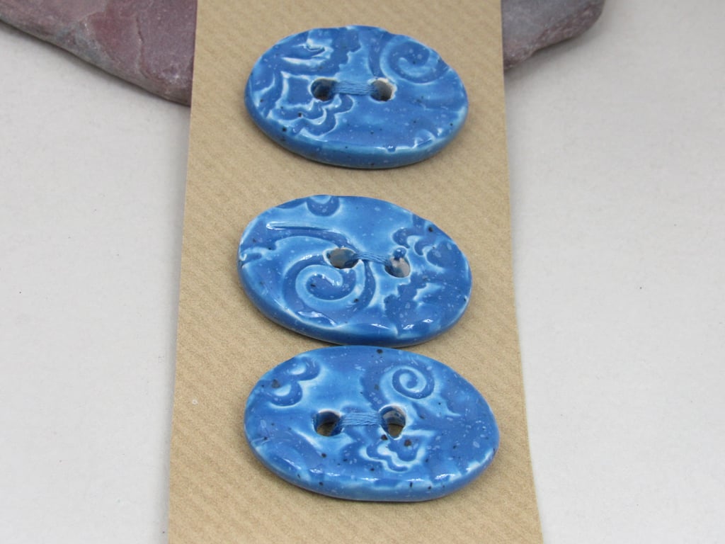 3 Medium Oval Cornflower Blue Brocade Pattern Ceramic Buttons
