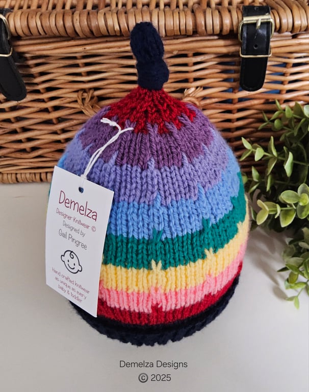 Designer Hand Knitted Rainbow Knotted Beanie Hat 1-2 Years size 
