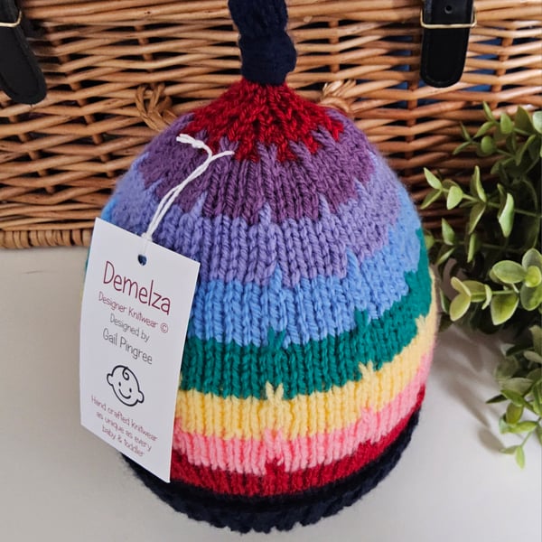 Designer Hand Knitted Rainbow Knotted Beanie Hat 1-2 Years size 