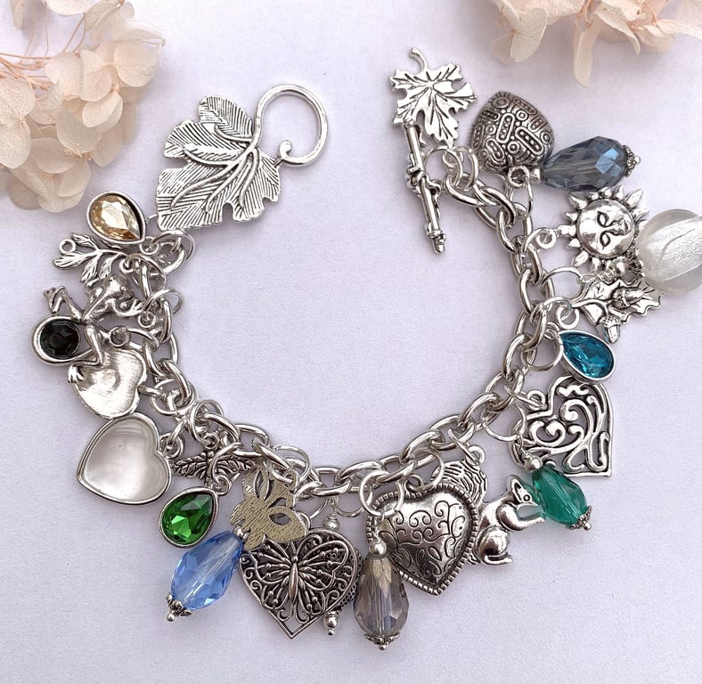 Silver Heart and Gemstone Charm Bracelet