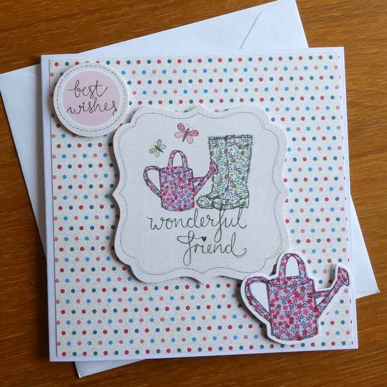 Best Wishes Wonderful Friend Card - Watering Can and Wellingtons