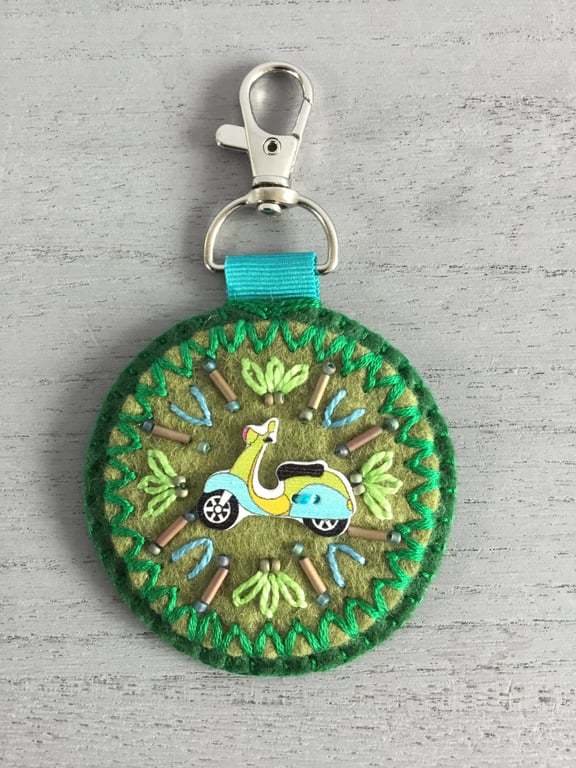 Hand Embroidered Scooter Keyring or Bag Charm 