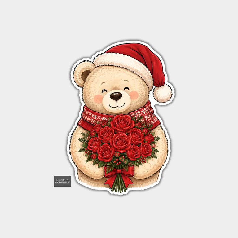 Funny Christmas Sticker Vinyl Xmas Decal For Adults - Teddy Bear & Roses