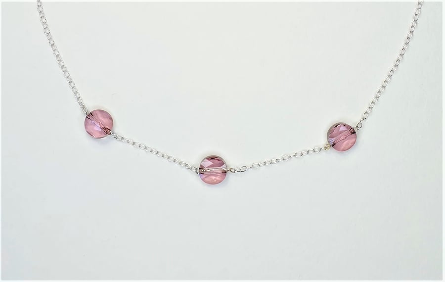 Swarovski Faceted Pink Flat Round Crystals And Sterling Silver Necklace