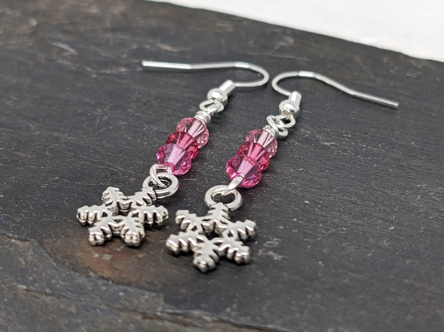 Pink Swarovski crystal silver plated snowflake earrings 