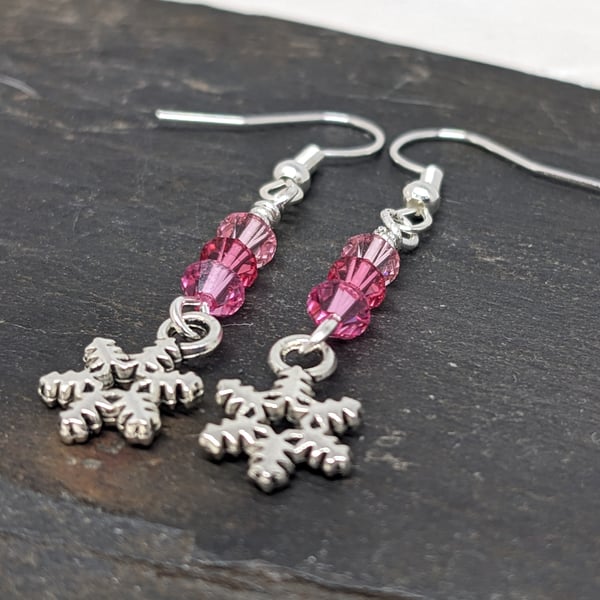 Pink Swarovski crystal silver plated snowflake earrings 