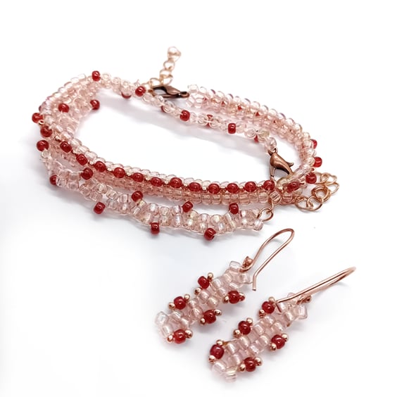 Pink and shimmering peach beaded tennis bracelet and earrings set