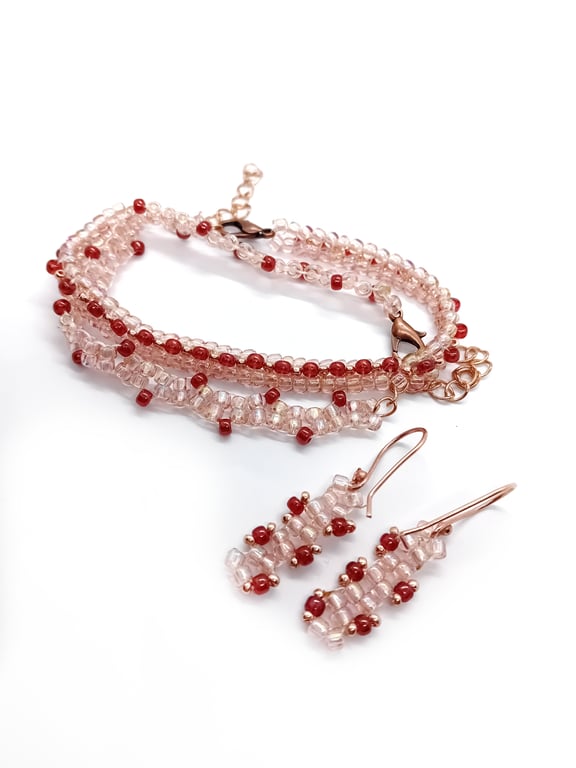 Pink and shimmering peach beaded tennis bracelet and earrings set