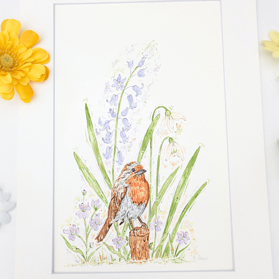 Robin, bluebell and snowdrop original watercolour painting