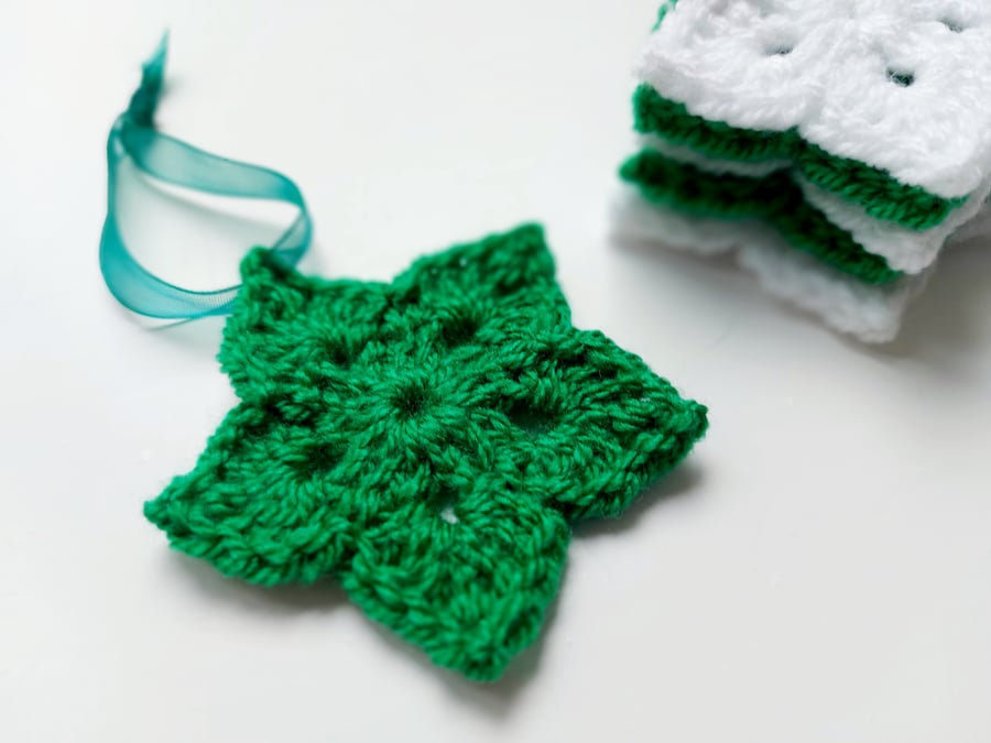 Handmade Crochet Stars with Organza Ribbon, Set of 5