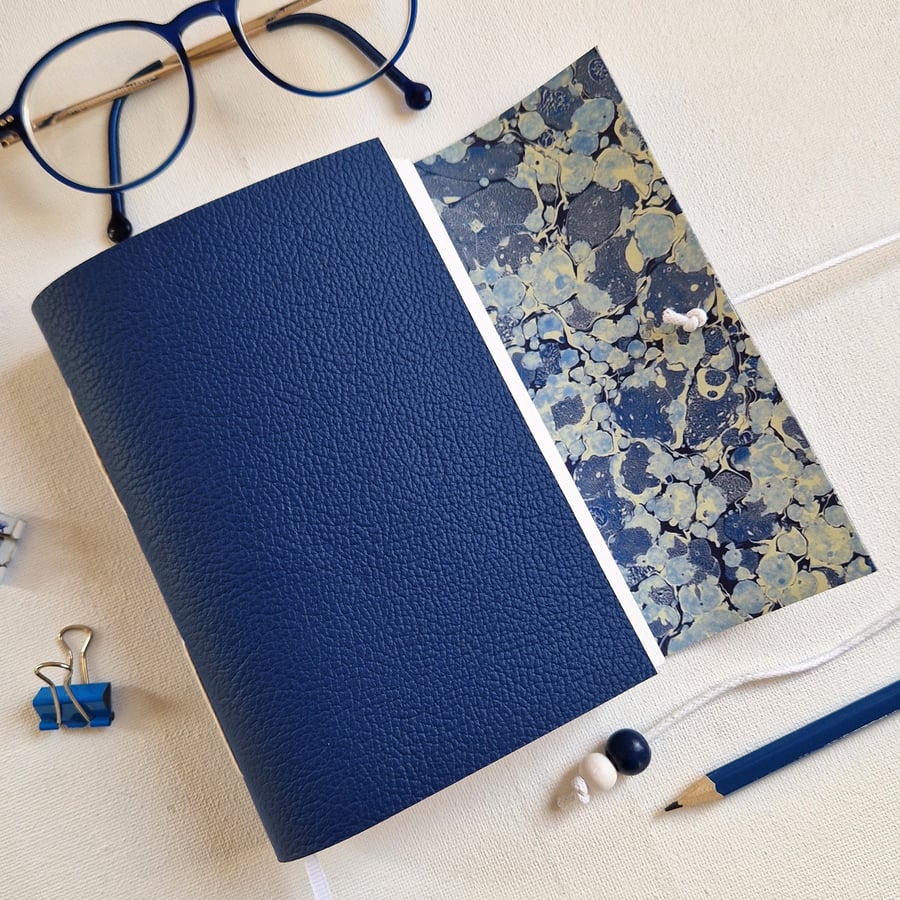 Denim Blue Leather Journal, Notebook or Sketchbook lined with Marble Paper, A6