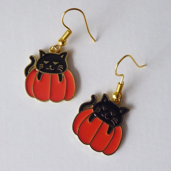 Enamelled Black Cat and Pumpkin Earrings with Gold Plated Ear Wires