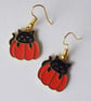Enamelled Black Cat and Pumpkin Earrings with Gold Plated Ear Wires