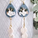 Mid Blue Floral Polymer clay Earrings, dangle earrings