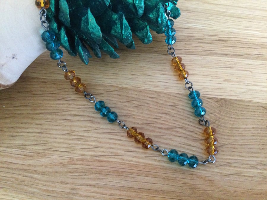 Dark Turquoise and Light Amber Crystal Link Necklace