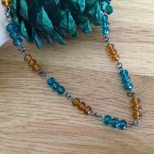 Dark Turquoise and Light Amber Crystal Link Necklace