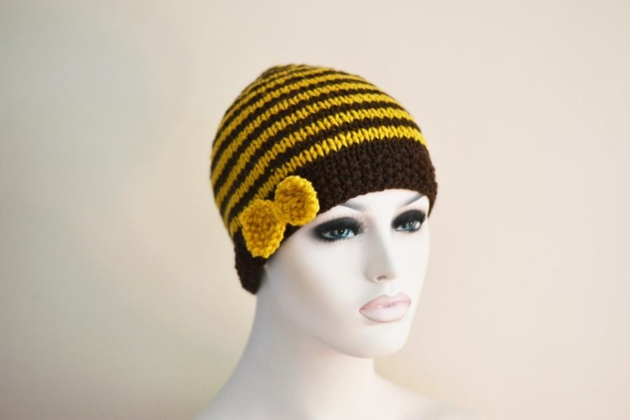 Hat  Bow Beanie Hat, Mustard and Brown Chunky Knit Hat