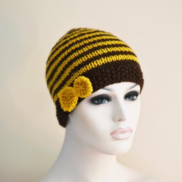 Hat  Bow Beanie Hat, Mustard and Brown Chunky Knit Hat