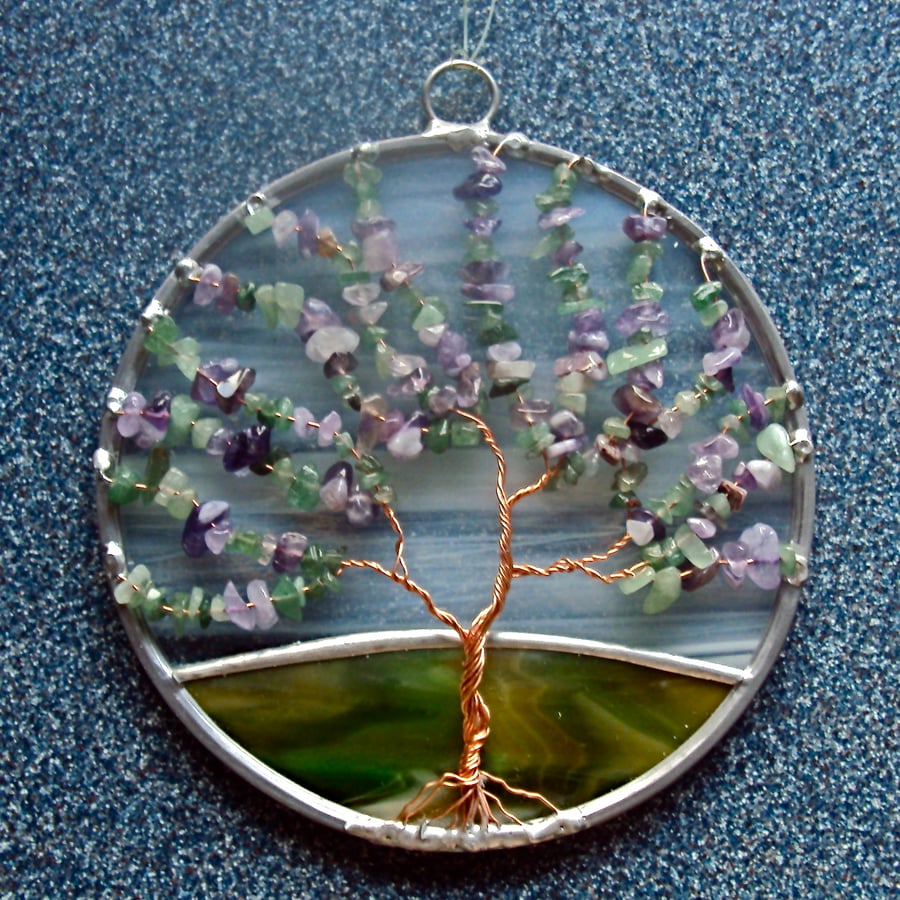 Amethyst and aventurine gemstone tree of life panel
